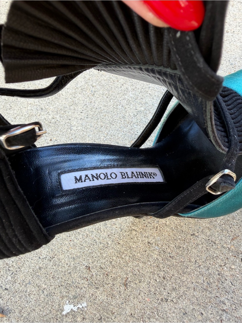 Vintage Rare Manolo Blahnik Black & Teal Silk Dramatic Stiletto Pumps - Picture 6 of 7